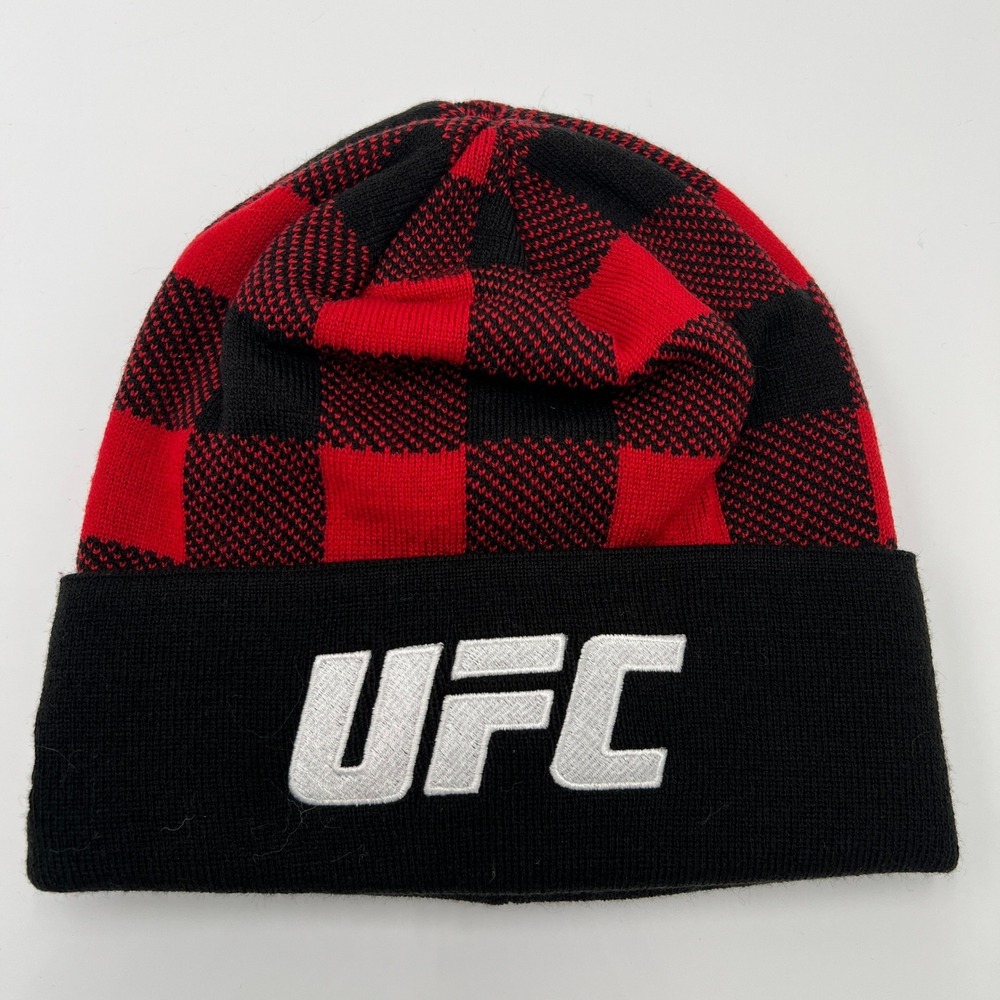 UFC Reebok Beanie‎ Hat Red Black Buffalo Plaid Knit Adult One Size